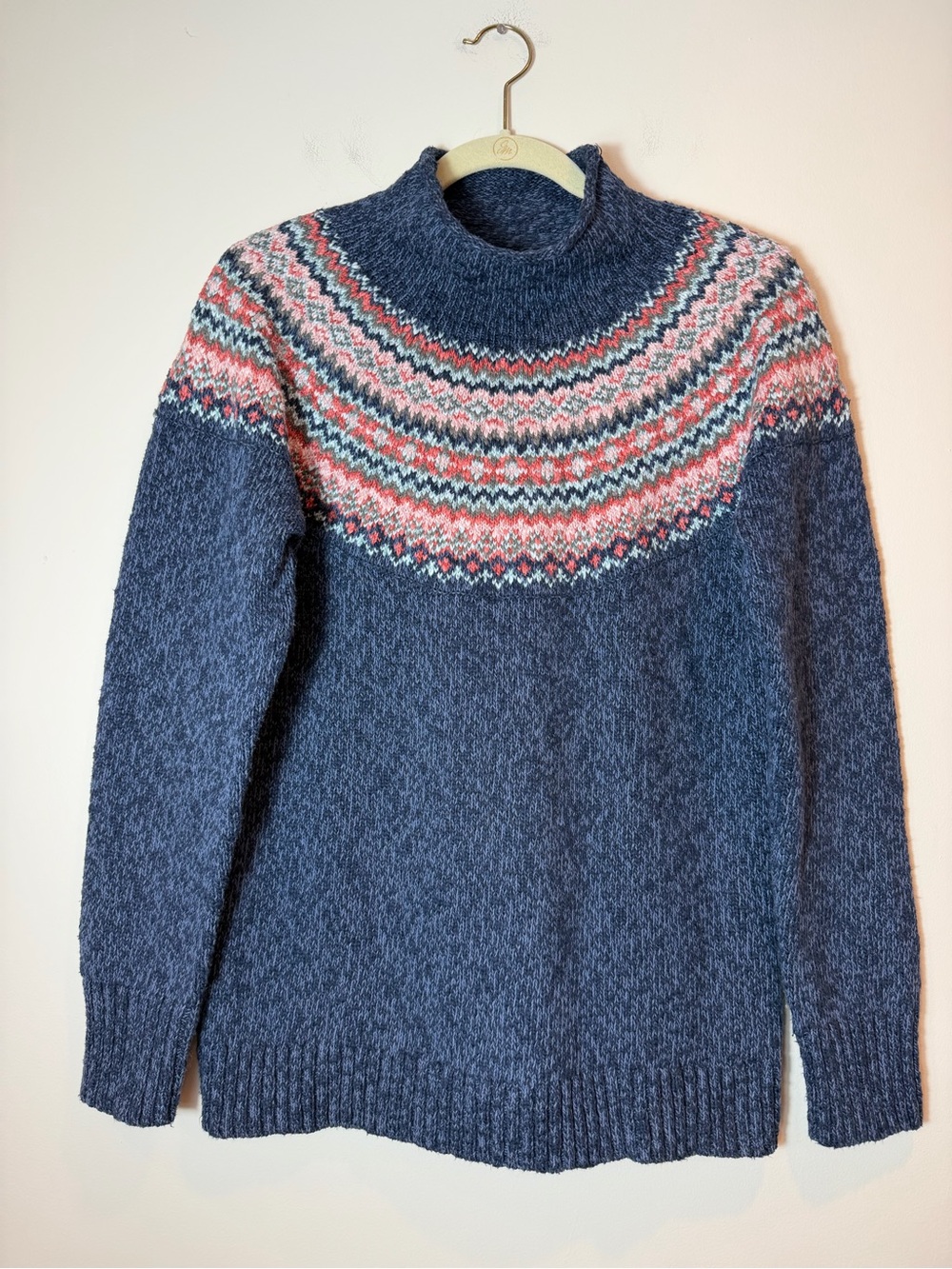 L.L. Bean Blue 100% Cotton Ragg Fair Isle Funnelneck Pullover Sweater Medium